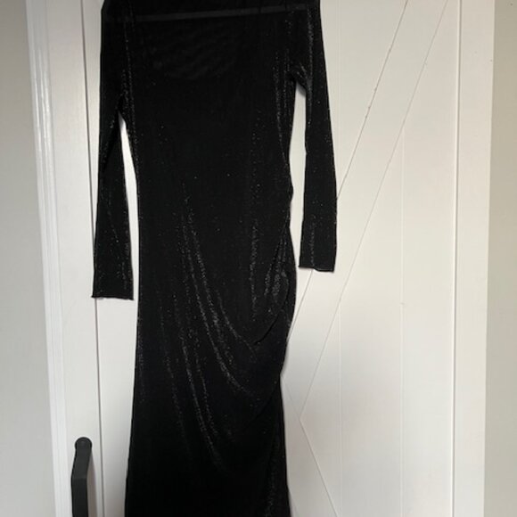 Pinkblush - Black Shimmer Mesh Long Sleeve Ruched Maternity Midi Dress - Picture 8 of 10